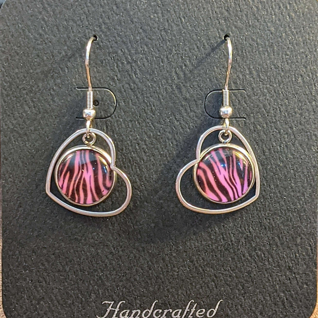 Pink Tiger Print Stainless Steel Heart hook earrings