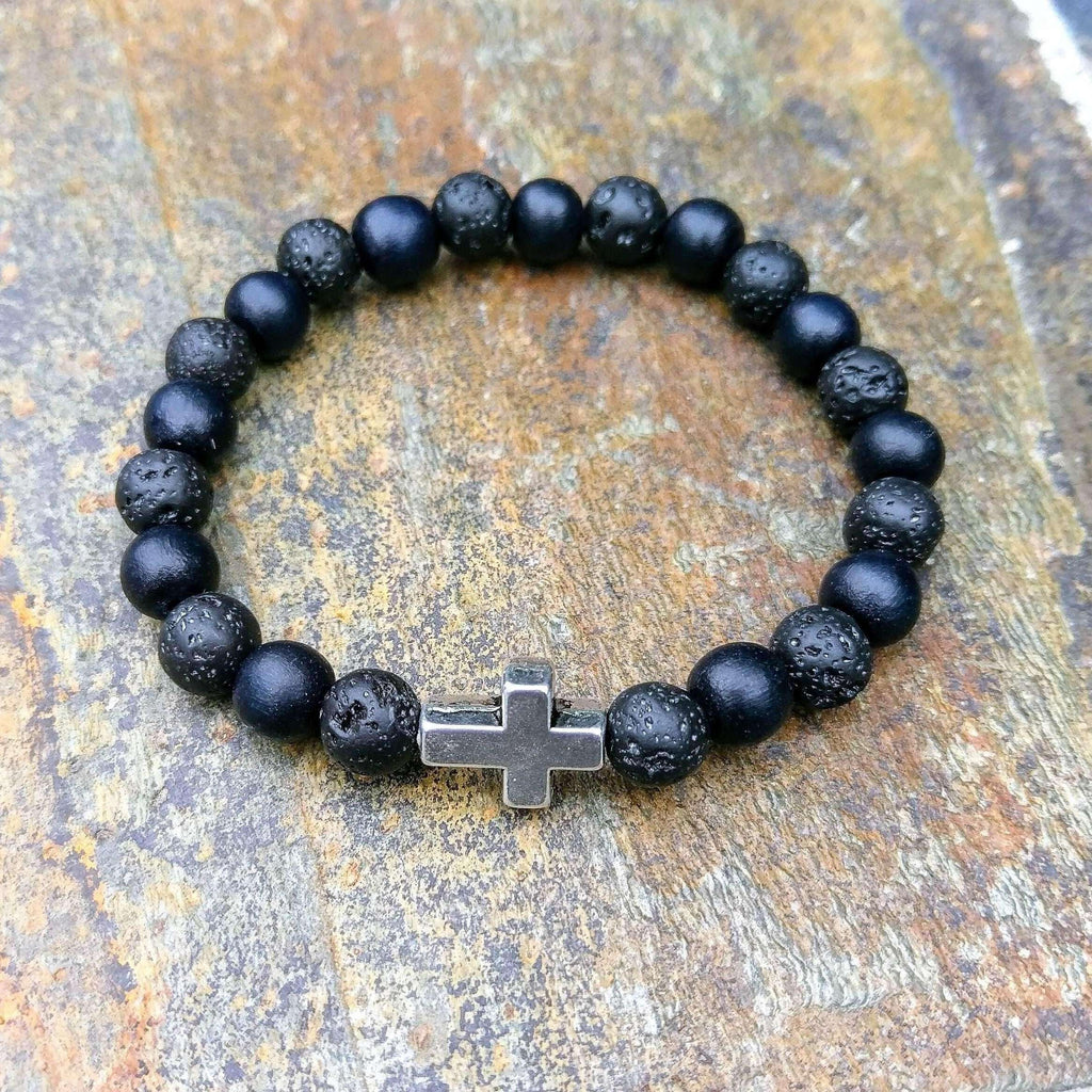 Unisex Cross Stretch bracelet, Lava beads