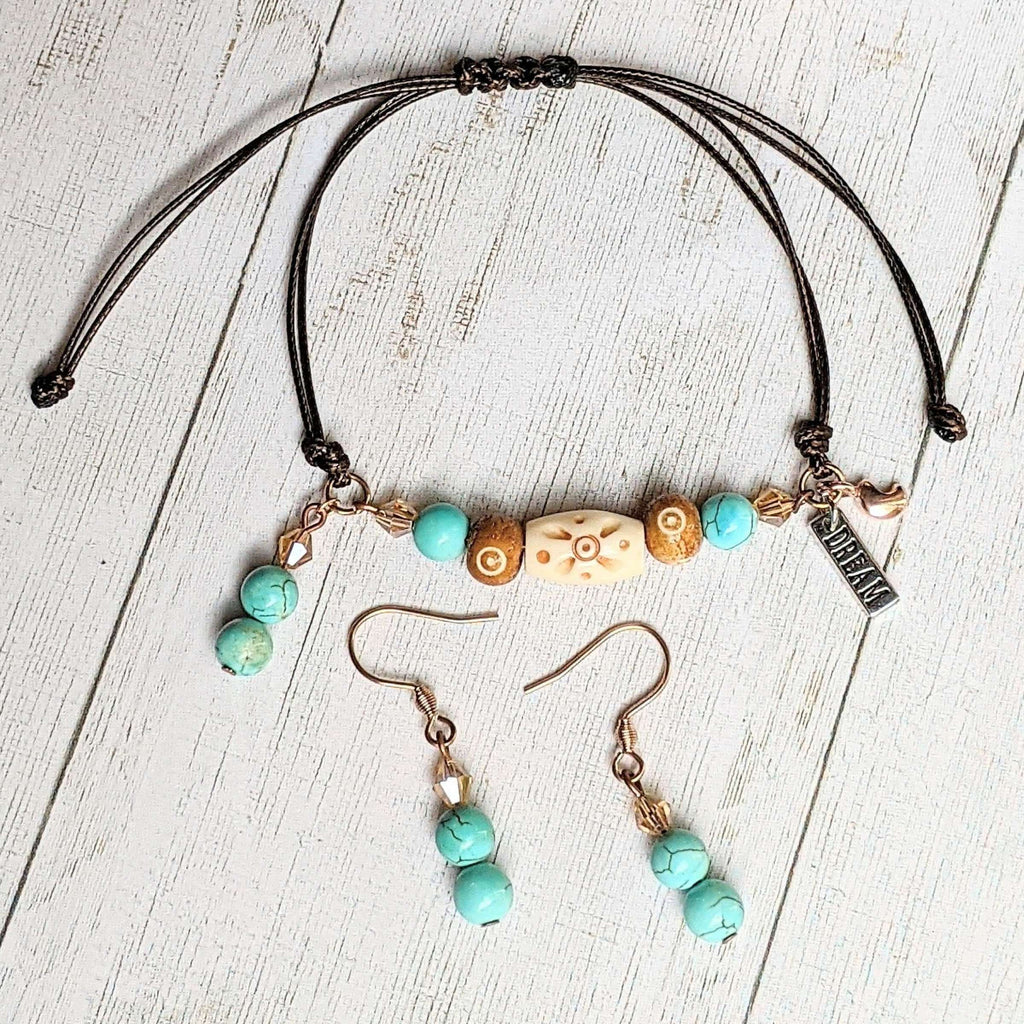 Dream Turquoise Beaded Wax Cord Bracelet/Earring Set