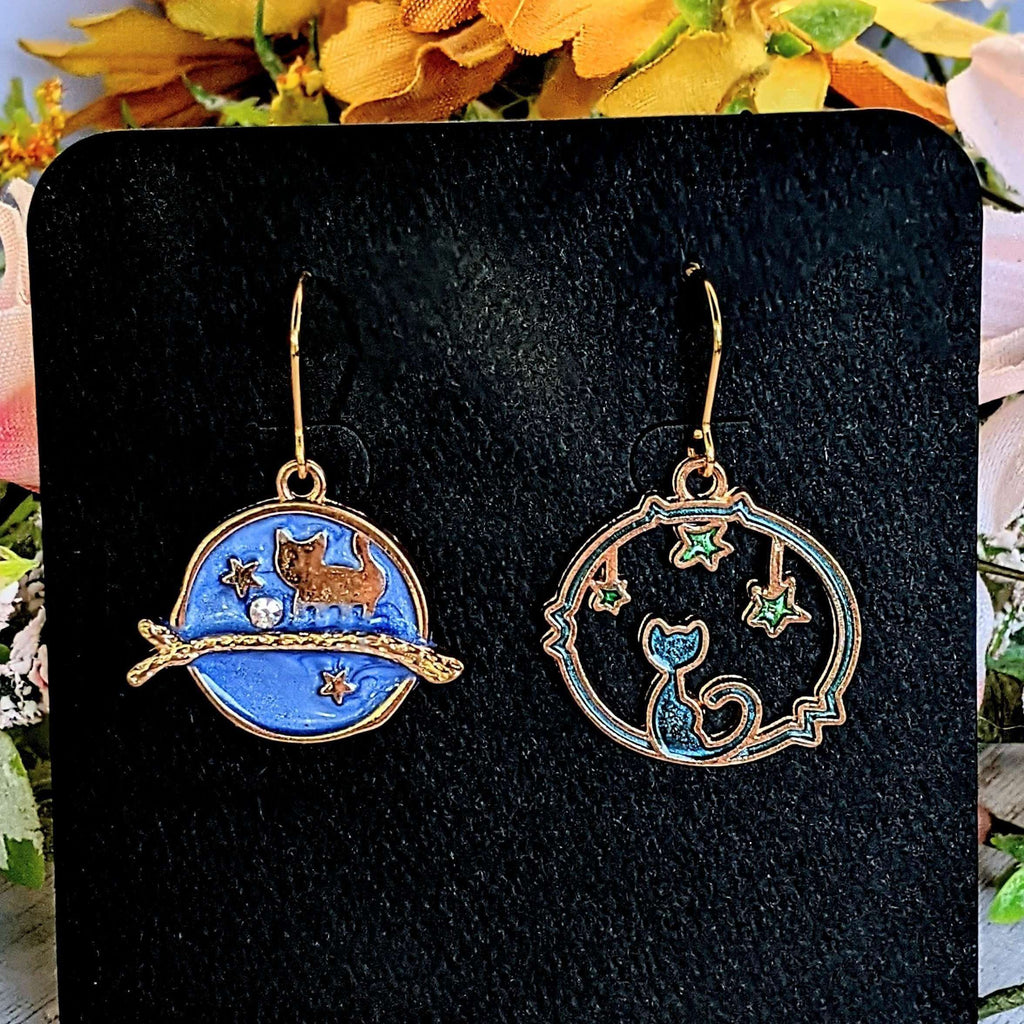 Mismatched Blue Cat and Star dangle earrings