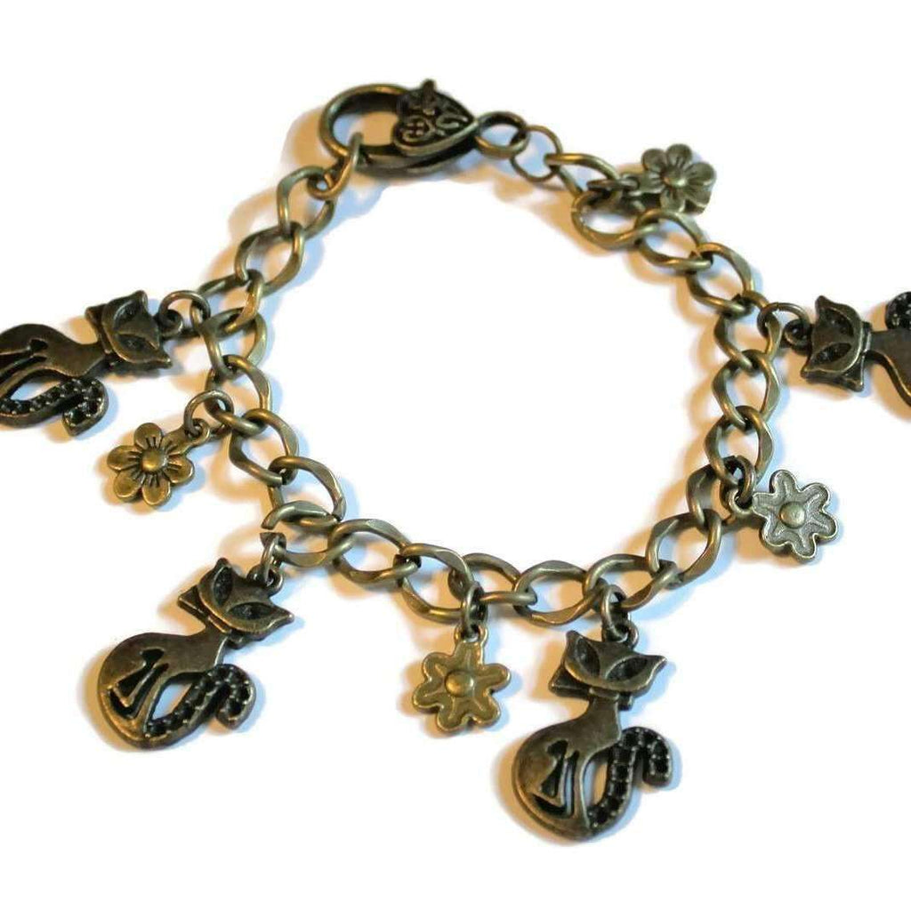 Kitty Antique Gold Brass Charm Bracelet, Boho Charm Bracelet
