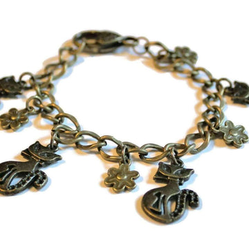 Kitty Antique Gold Brass Charm Bracelet, Boho Charm Bracelet