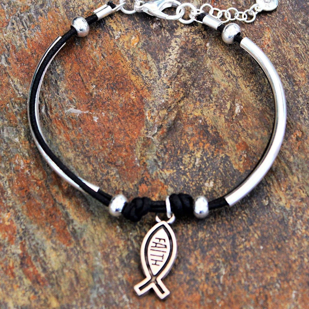 Faith Ichthus Symbol Multi Strand Silver Tube Beaded Waxed Cord surfer Bracelet