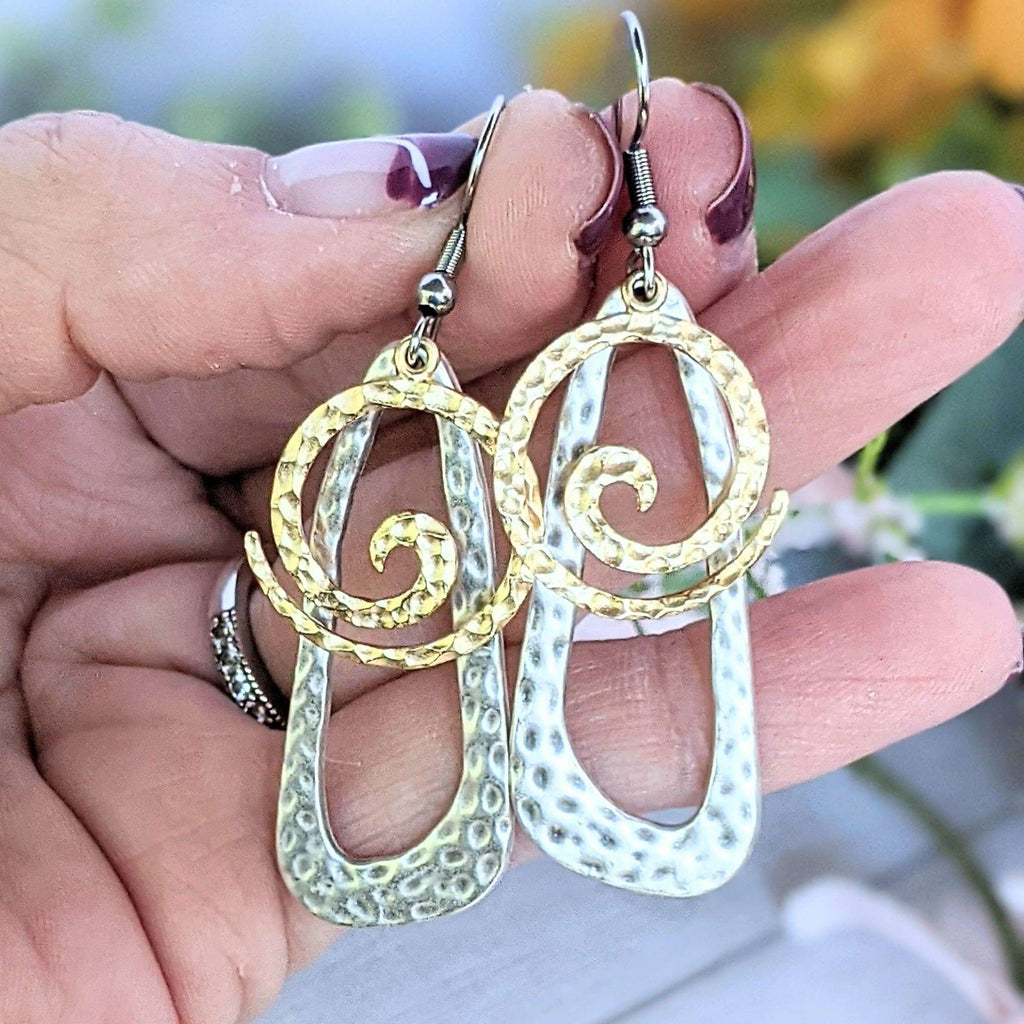 Hammered silver Gold Swirl Two-Tone Dangle Earrings
