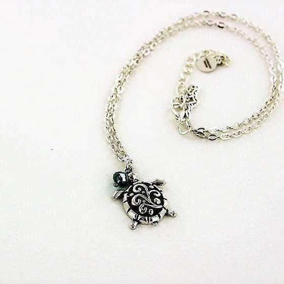 Sea Turtle & Crystal Chain Necklace - 18 inch