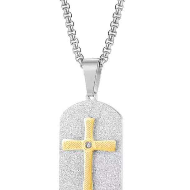 Two Tone Cross Tag pendant necklace, Men's Stainless Steel necklace, 22 inches