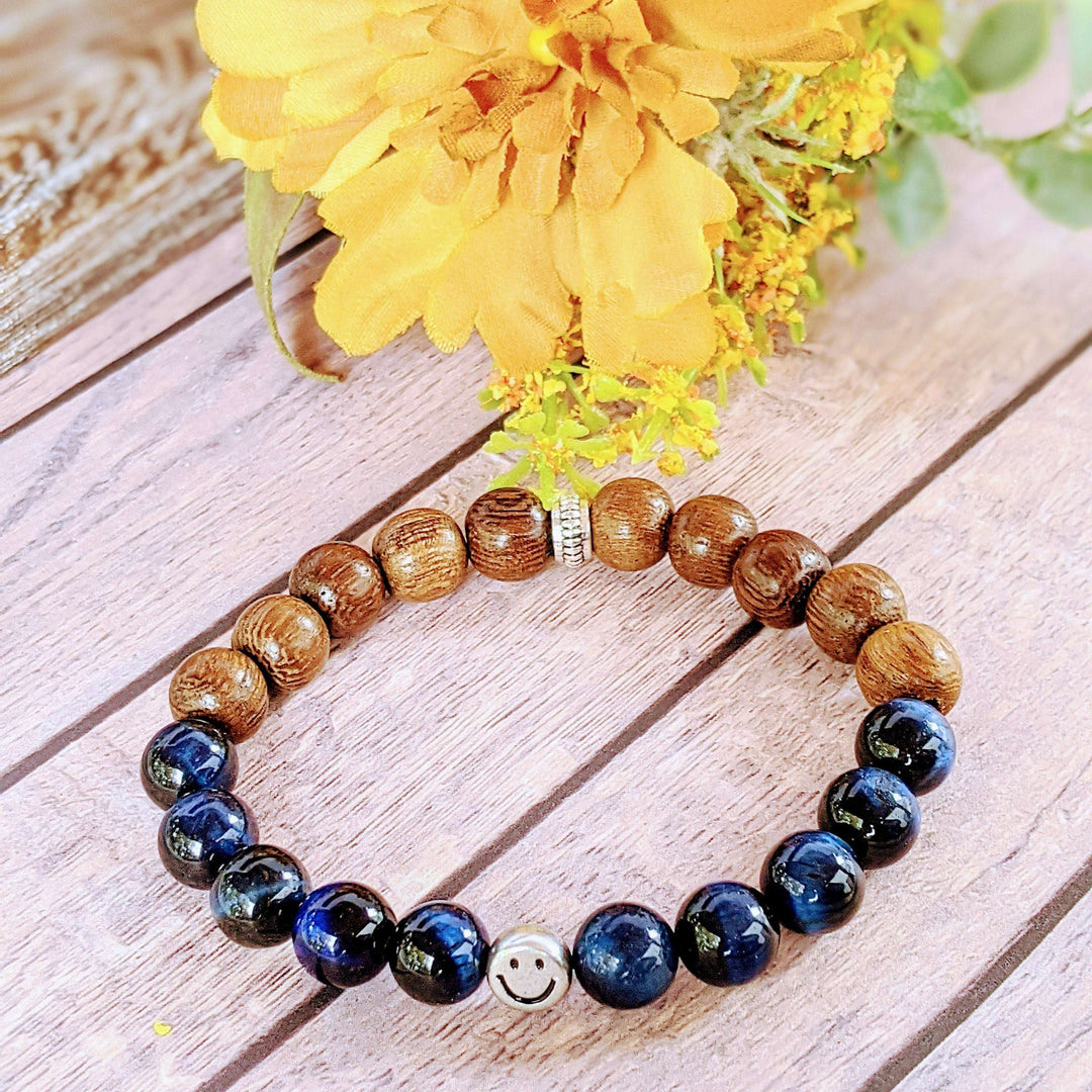 Blue Tiger's Eye Wood Bead Smiley Diffuser Bracelet-Communication Bracelet