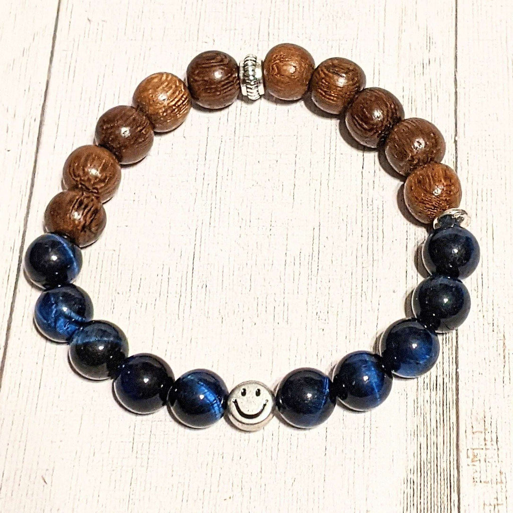 Blue Tiger's Eye Wood Bead Smiley Diffuser Bracelet-Communication Bracelet