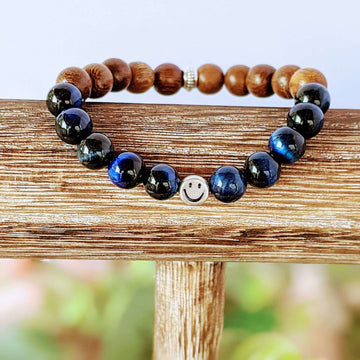 Blue Tiger's Eye Wood Bead Smiley Diffuser Bracelet-Communication Bracelet