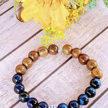 Blue Tiger's Eye Wood Bead Smiley Diffuser Bracelet-Communication Bracelet