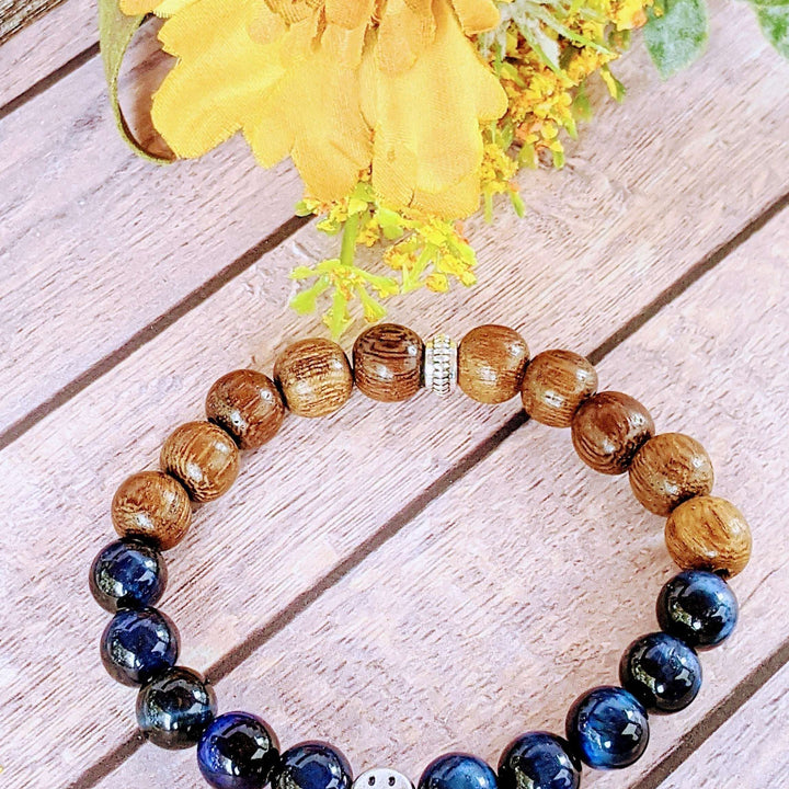 Blue Tiger's Eye Wood Bead Smiley Diffuser Bracelet-Communication Bracelet