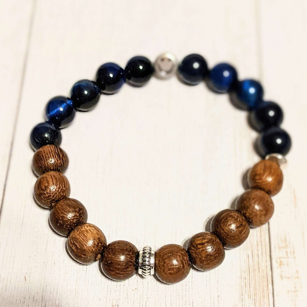 Blue Tiger's Eye Wood Bead Smiley Diffuser Bracelet-Communication Bracelet
