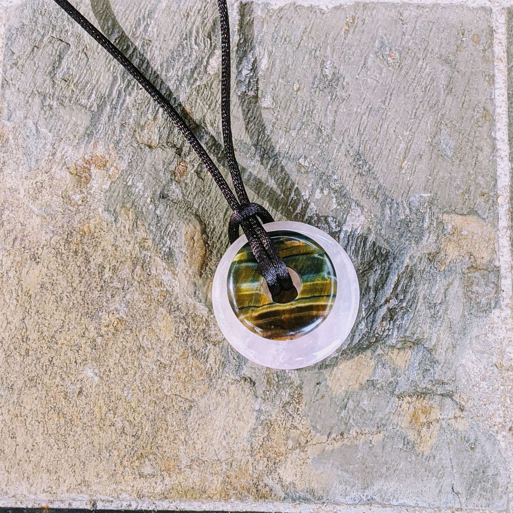 Tiger's Eye & Rose Quartz Gemstone Satin Cord Necklace - Approx 26 inch