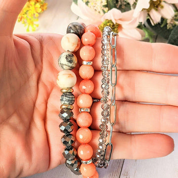 Peach Dream Crystal Beaded layered cuff bracelet