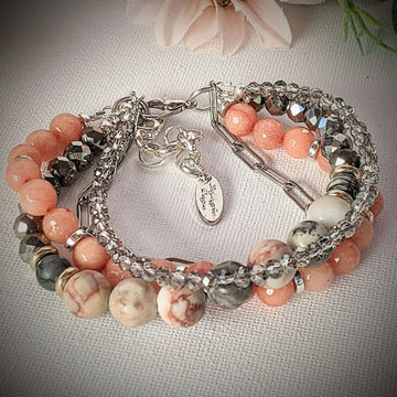 Peach Dream Crystal Beaded layered cuff bracelet