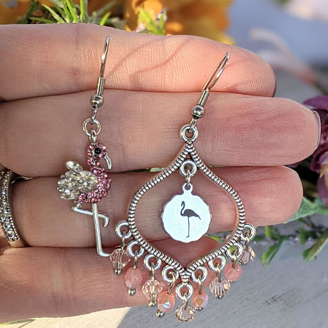 Mismatched Rhinestone Flamingo hook earrings