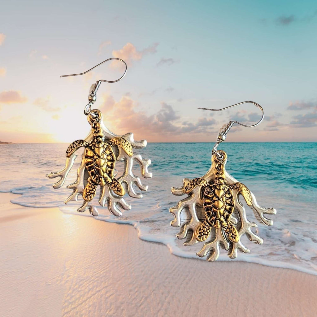 Sea Turtle & Coral dangle earrings, Two-Tone