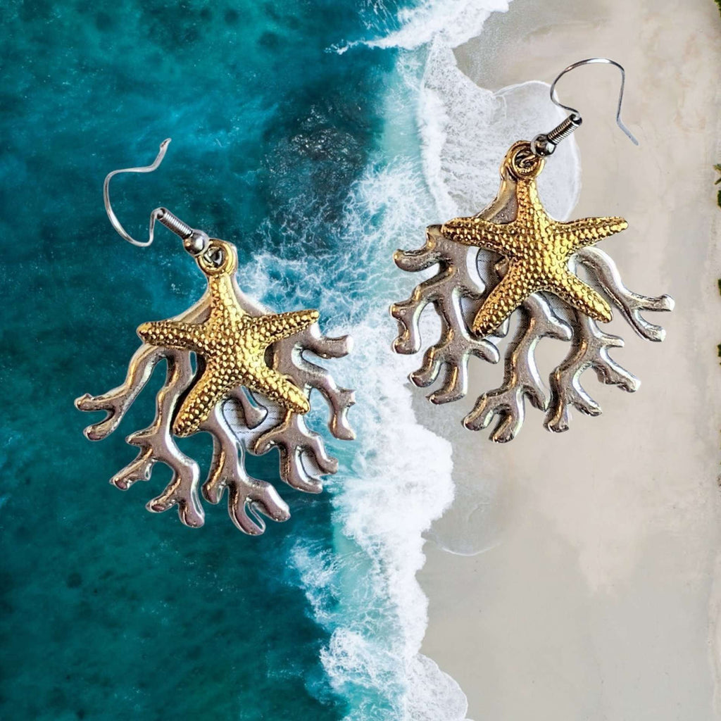 Starfish & Coral dangle earrings, Two-Tone