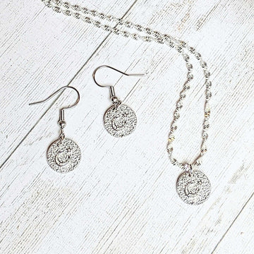 Crescent Moon Star Sterling Silver charm necklace and Earring set