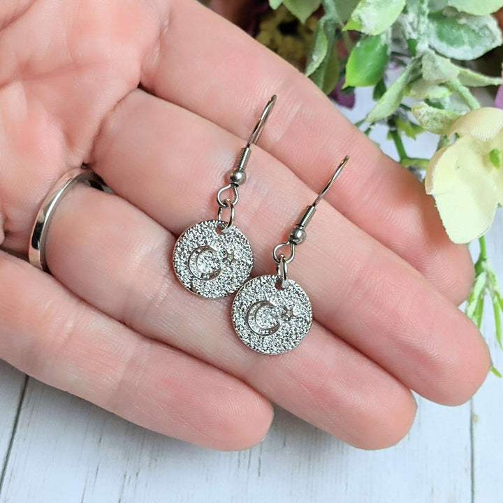 Crescent Moon Star Sterling Silver charm necklace and Earring set