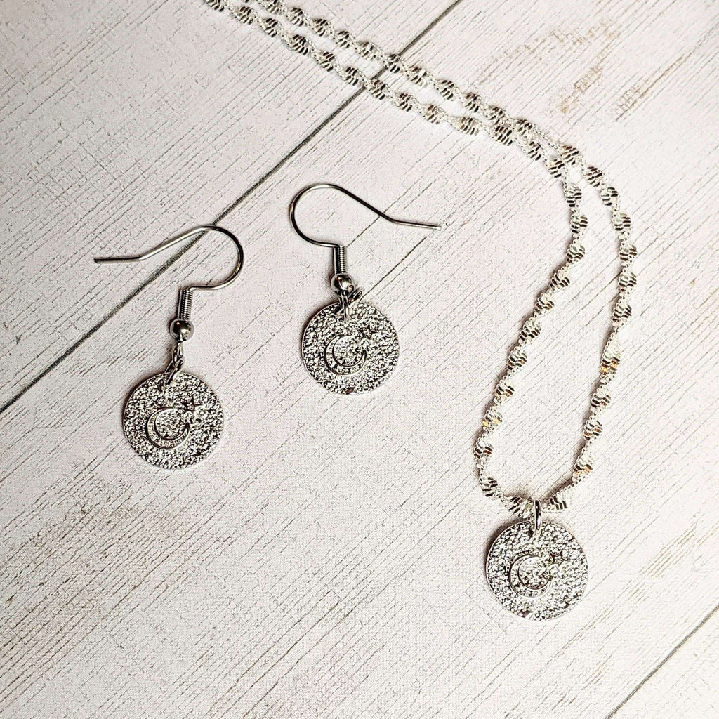 Crescent Moon Star Sterling Silver charm necklace and Earring set