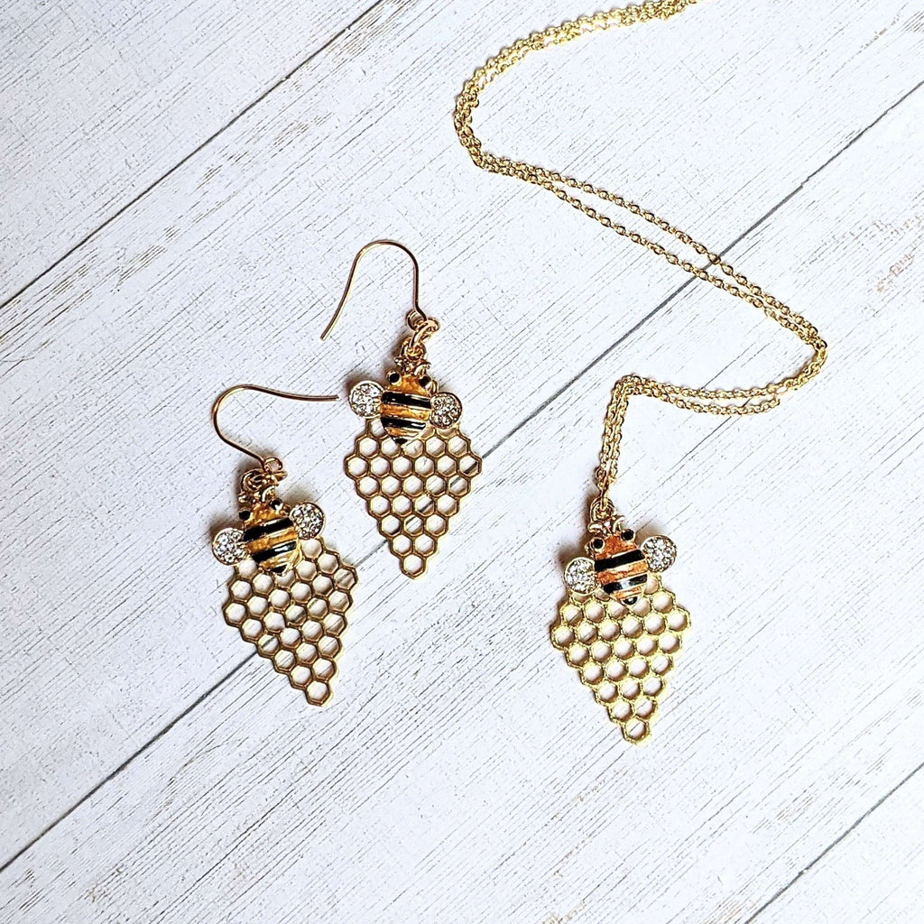 Honey Bee Honeycomb charm necklace and Earring set