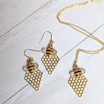 Honey Bee Honeycomb charm necklace and Earring set
