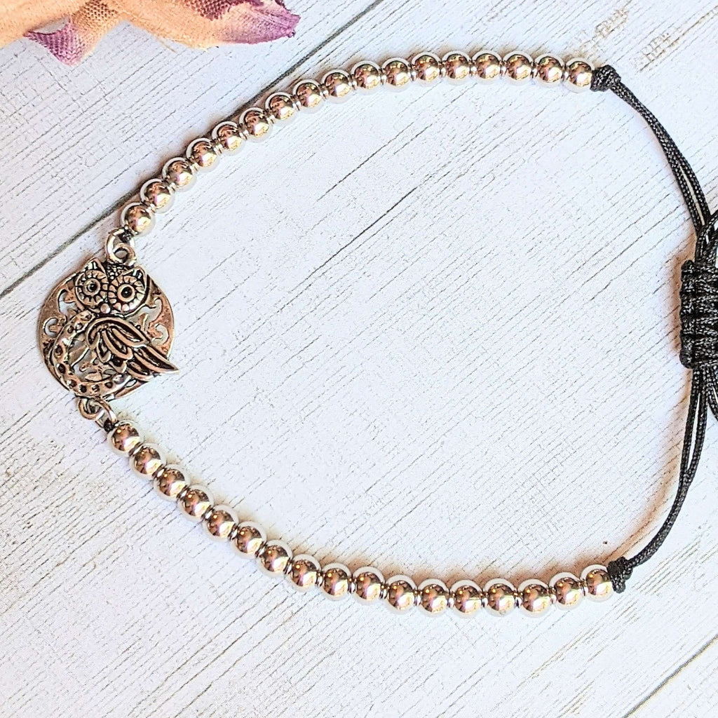 Fancy Owl Silver Beaded Waxed Cord Bracelet