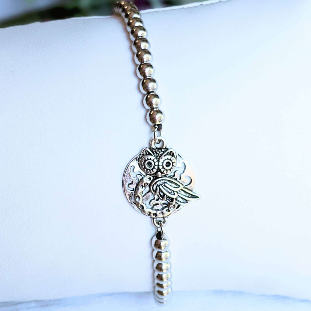 Fancy Owl Silver Beaded Waxed Cord Bracelet