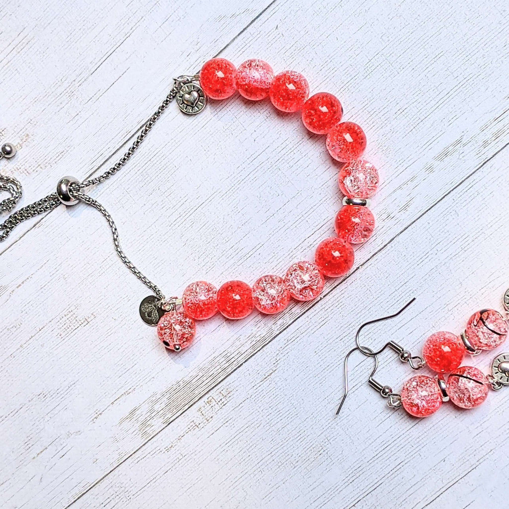 Red Crackle Bead Puffy Heart Bracelet/Earring Set