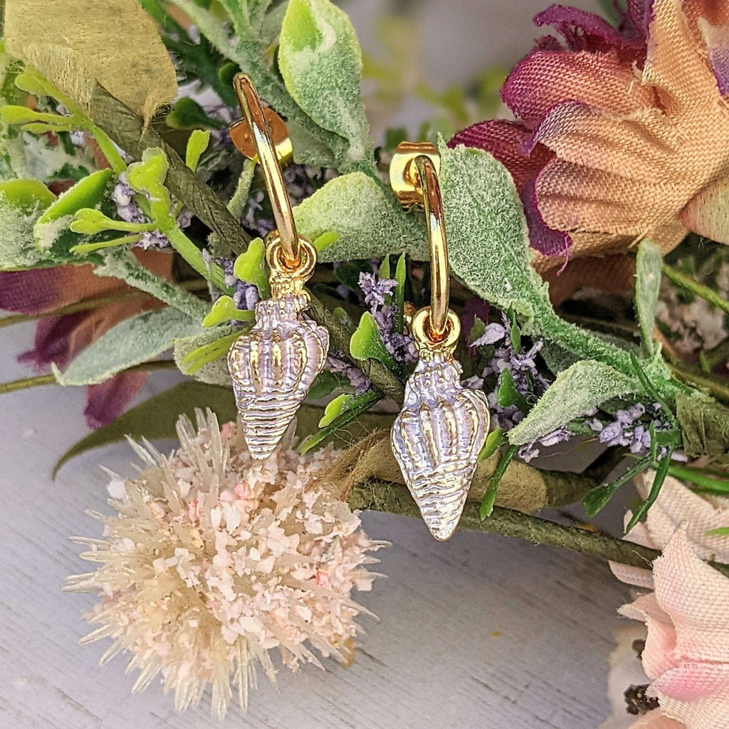 Pale Lavender Conch Seashell gold hoop earrings, Hoop Drop