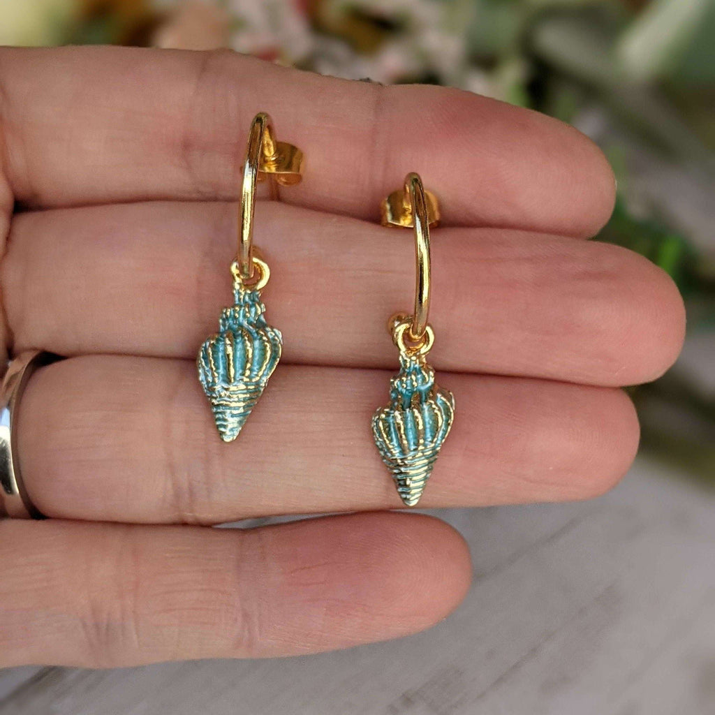 Sea Blue Conch Seashell gold hoop earrings, Hoop Drop