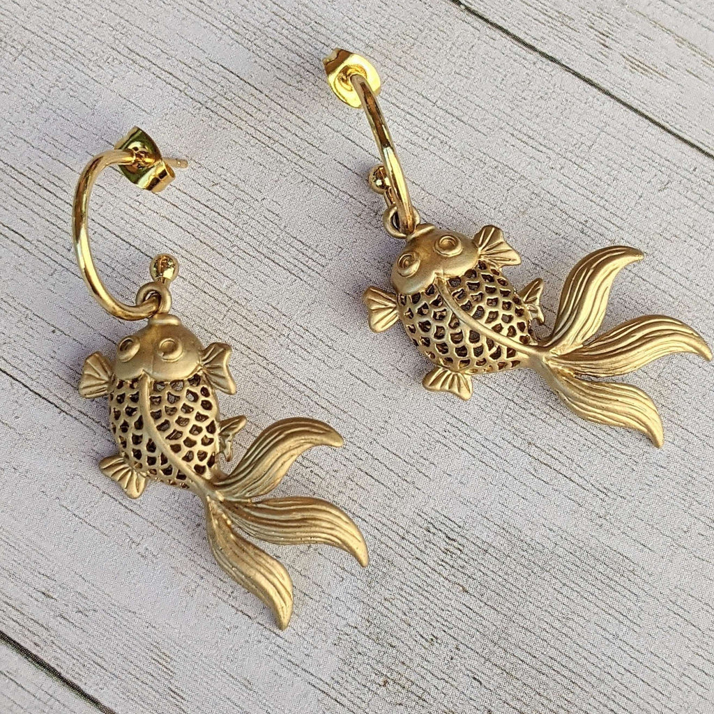 Japanese Koi Gold Hoop earrings, Hoop Drop