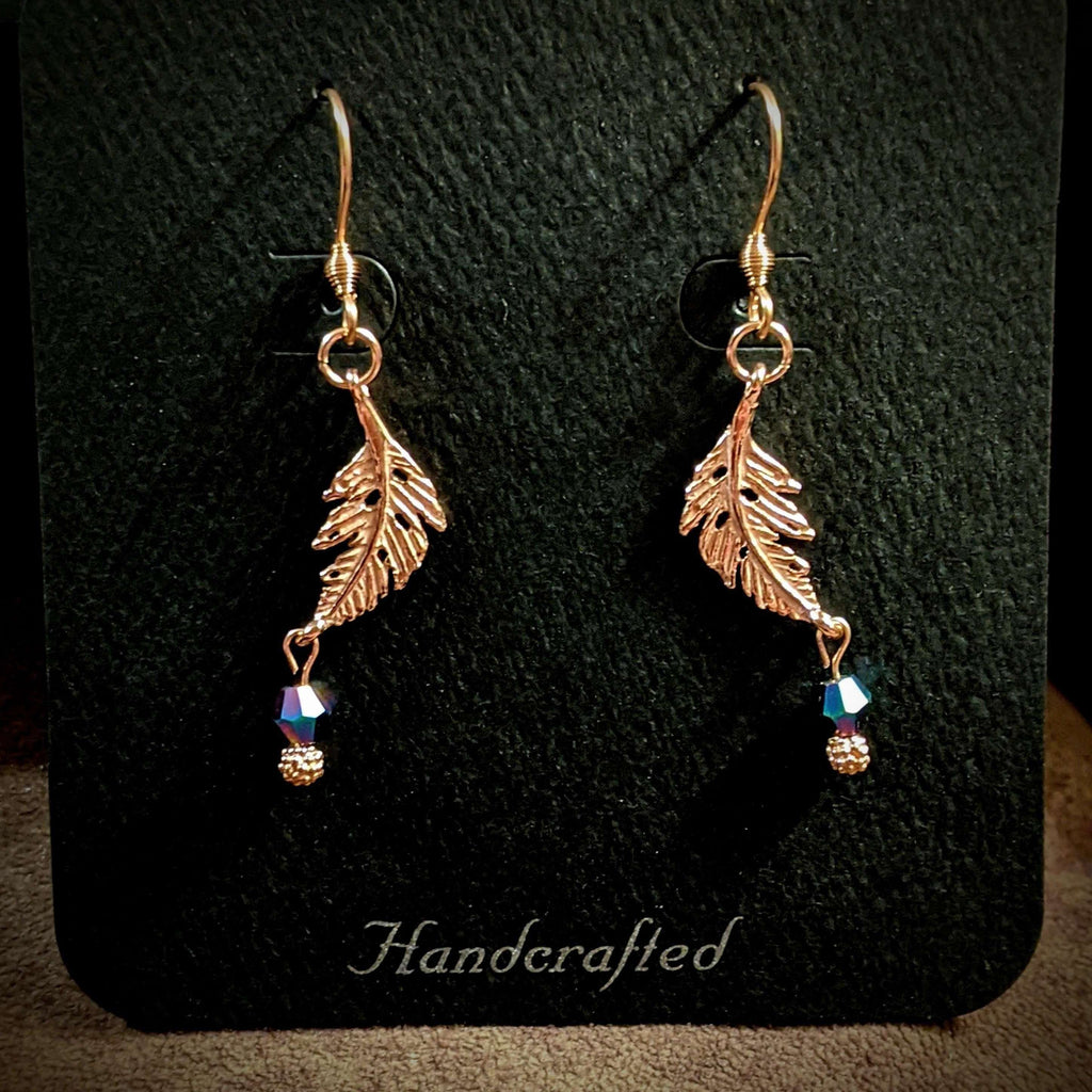 Peacock Crystal Feather Rose Gold dangle earrings