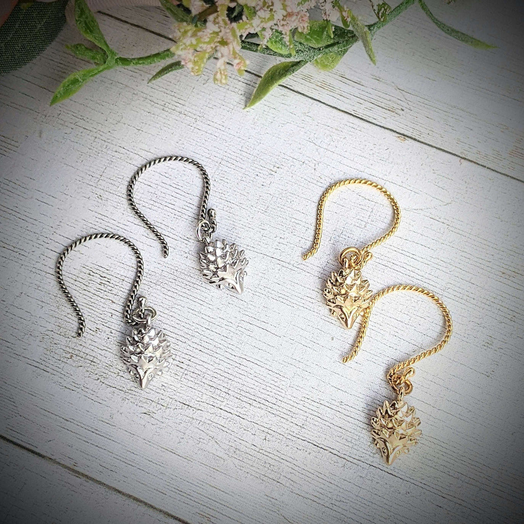 Hedgehog Dangle Hook Earrings, Gold or Silver