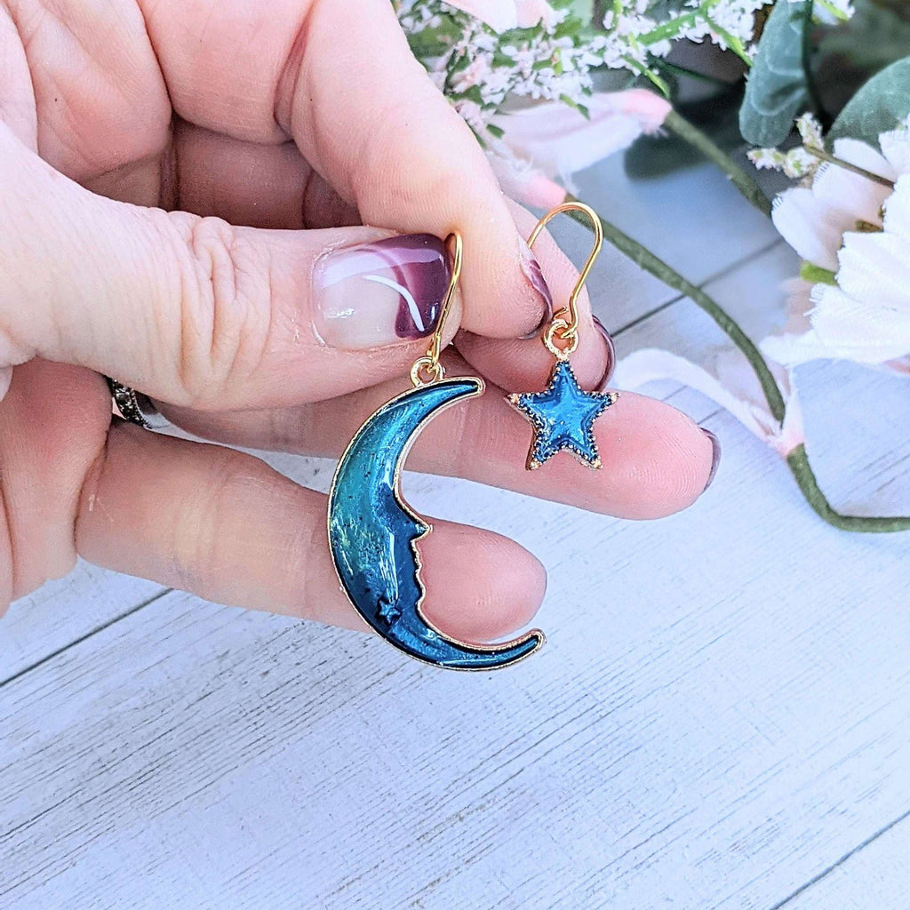 Mismatched Blue Crescent Moon and Star dangle earrings