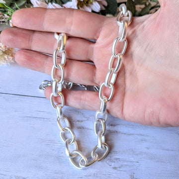 Electroplated Oval Link Necklace, Matte Silver - 18.5 inch