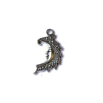 Silver Fancy Crescent Moon Face Charm