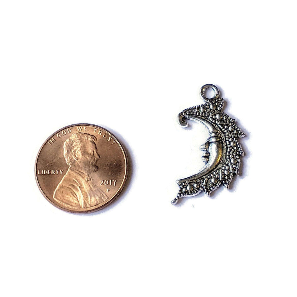 Silver Fancy Crescent Moon Face Charm