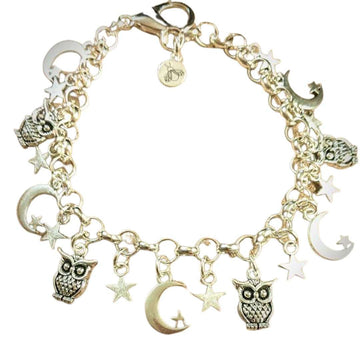 Celestial Crescent Moon and Owl charm bracelet