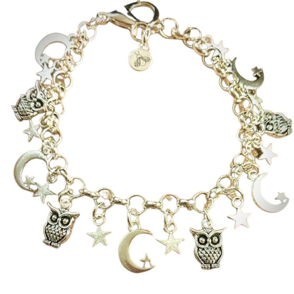 Celestial Crescent Moon and Owl charm bracelet