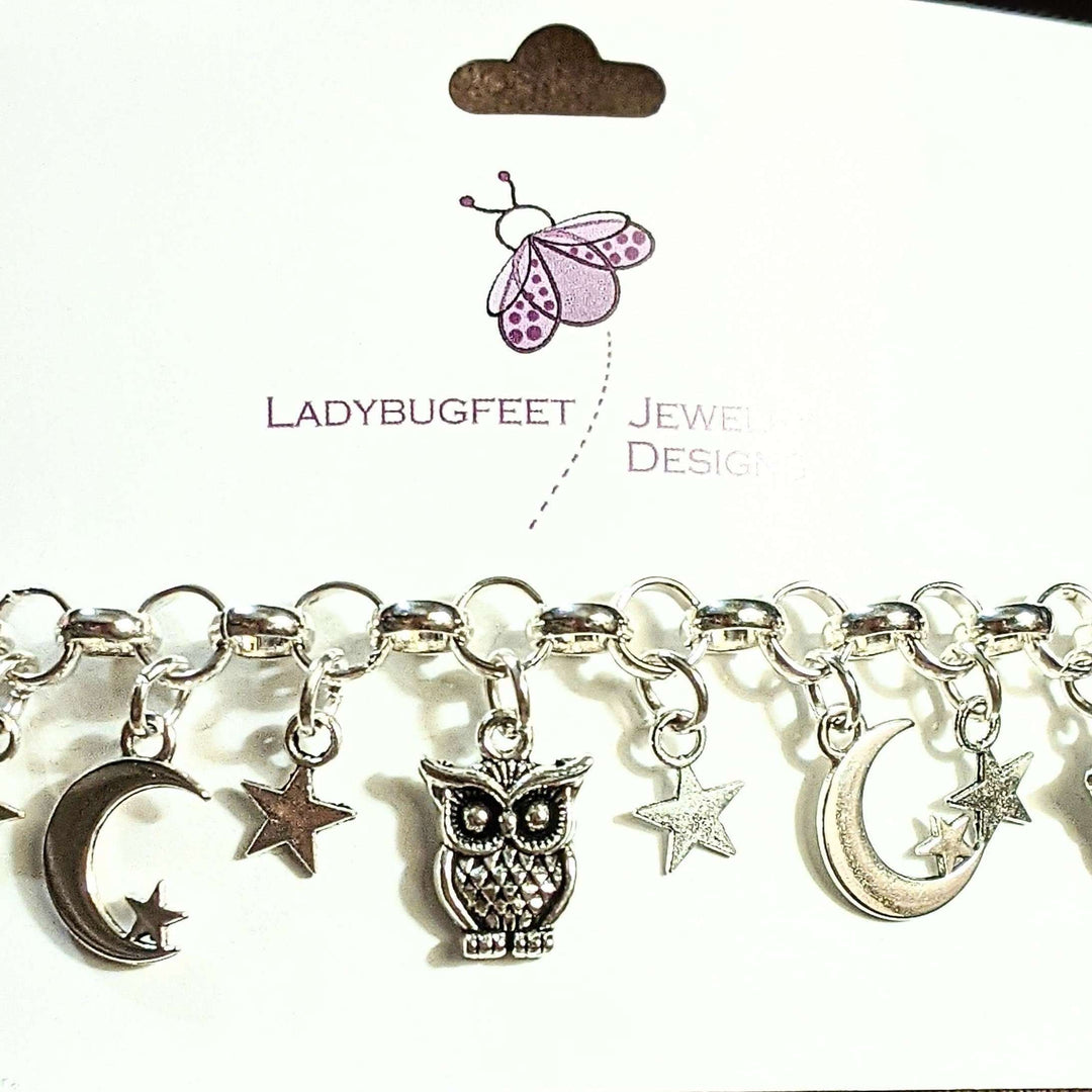 Celestial Crescent Moon and Owl charm bracelet