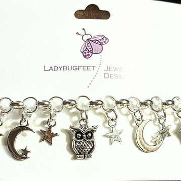 Celestial Crescent Moon and Owl charm bracelet