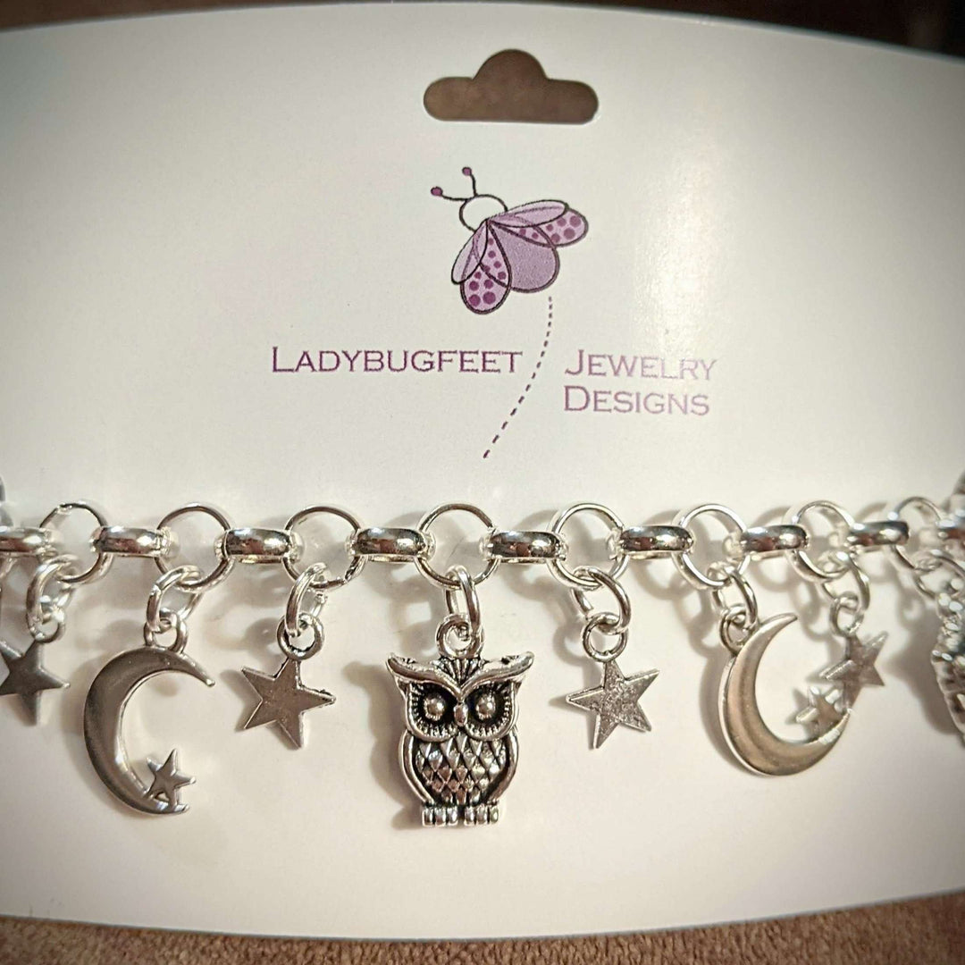 Celestial Crescent Moon and Owl charm bracelet