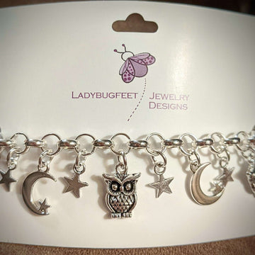 Celestial Crescent Moon and Owl charm bracelet