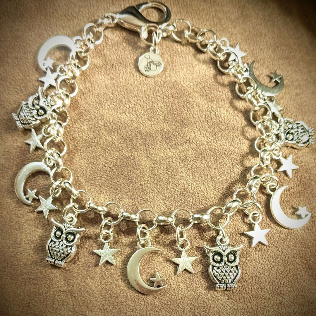 Celestial Crescent Moon and Owl charm bracelet