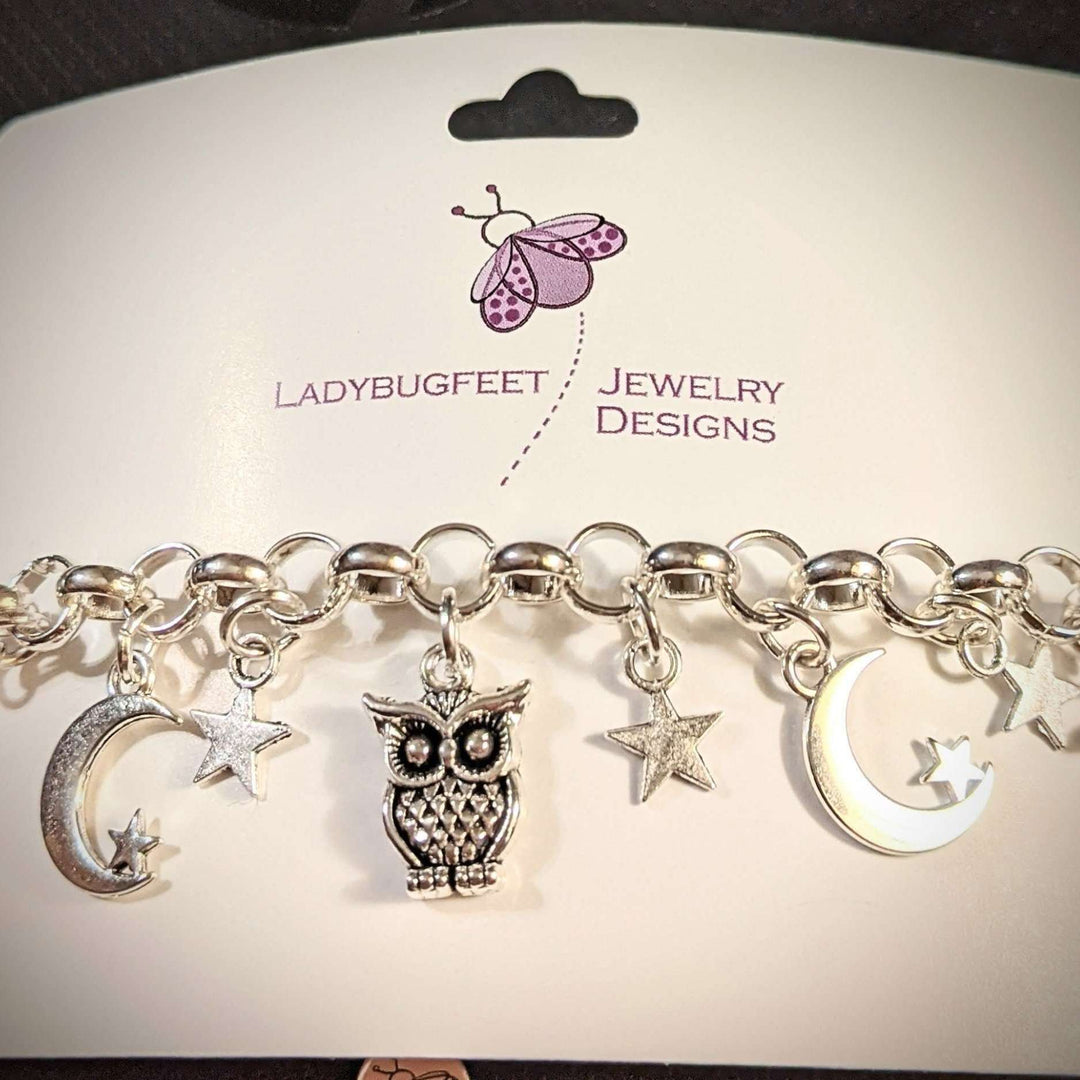 Celestial Crescent Moon and Owl charm bracelet