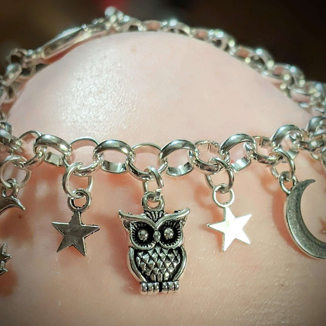 Celestial Crescent Moon and Owl charm bracelet