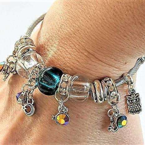 Crescent Moon Star Euro Cuff Bangle, Silver