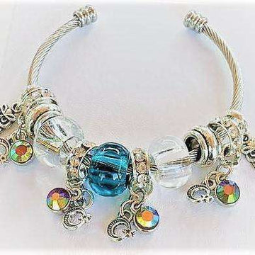 Crescent Moon Star Euro Cuff Bangle, Silver